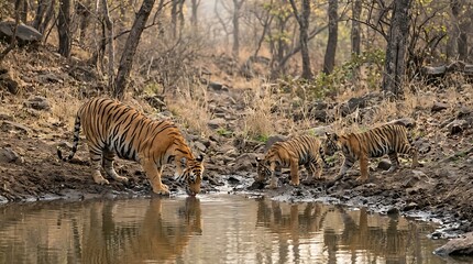 Fototapeta premium Bengal Tiger Mother and Two Cubs Drinking at Waterhole