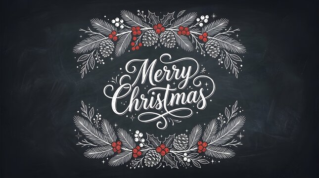 Elegant merry christmas greeting card design with white hand drawn floral wreath on a dark chalkboard background texture