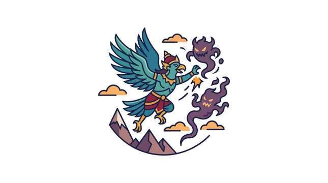 Garuda bird flying through smoke near mountain peaks