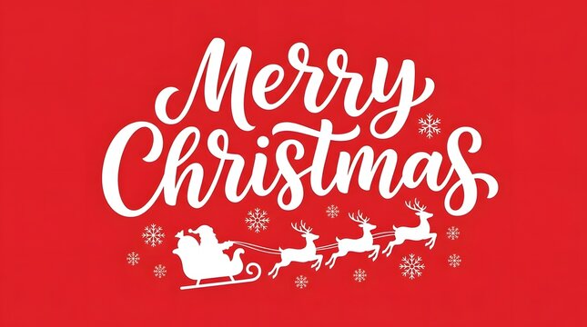 Merry christmas greeting card design with white hand lettering and santa claus sleigh on a festive red background