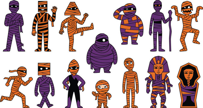 Collection of hand drawn mummy characters for halloween celebration and spooky party decoration elements on white background