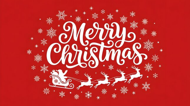 Festive merry christmas greeting card design with elegant white calligraphy and santa claus flying in his sleigh on red