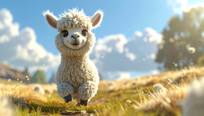 Naklejka premium Cute fluffy white baby alpaca running happily across a sunny mountain meadow in a charming 3D rendered cartoon style