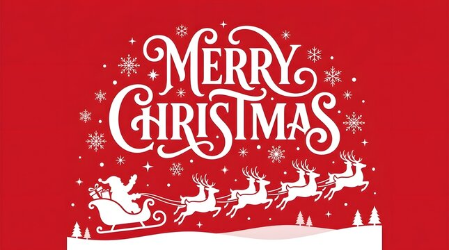 Elegant merry christmas greeting card design with santa claus flying in his reindeer sleigh on a festive red background