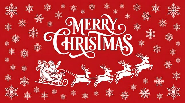 Merry christmas greeting card design featuring santa claus in a sleigh with reindeer on a red snowflake background