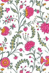 Fototapeta premium Elegant Chintz Floral Vine Seamless Pattern, Delicate Pink Indian Botanical Vector Artwork for Fabric Print