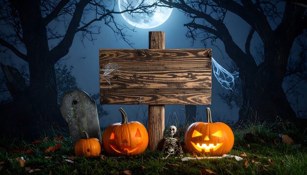 Wooden sign board template in dark spooky graveyard with glowing jack o lantern pumpkins and skeleton.