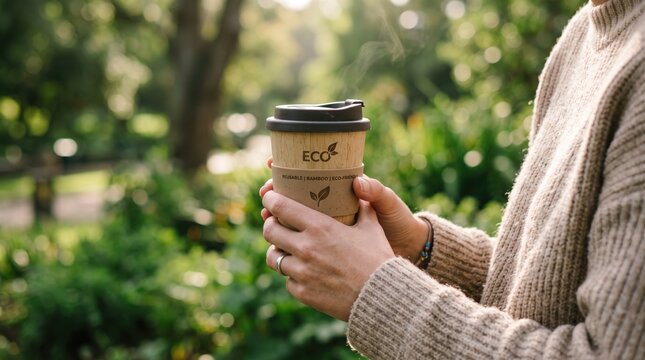 Person holding reusable bamboo coffee cup in park, promoting zero waste and eco-friendly lifestyle habits