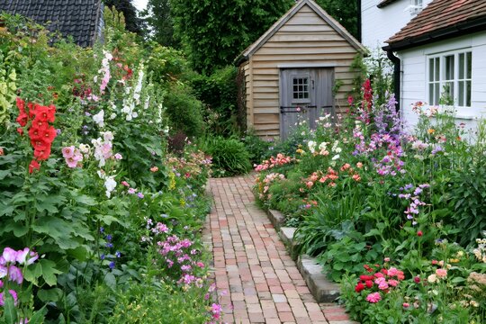 Traditional English cottage garden with brick path and summer flowers