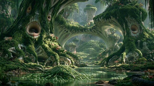 Surreal Alien Forest with Mossy Biomorphic Trees and Lagoon