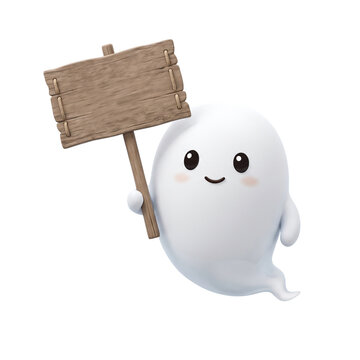 3D render of a cute friendly Halloween ghost holding a blank wooden sign for text, isolated on transparent background