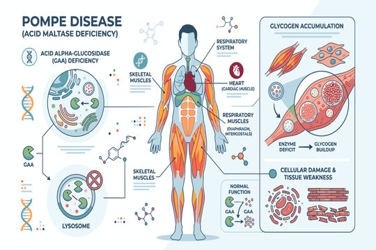 Pompe disease medical infographic illustrating glycogen storage disorder, genetic causes, muscle weakness, diagnosis, enzyme therapy, and treatment.
