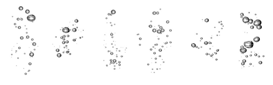 Air bubble collection isolated on white background, featuring transparent underwater oxygen bubbles in multiple formations for compositing, splash effects, aquatic design, motion graphics