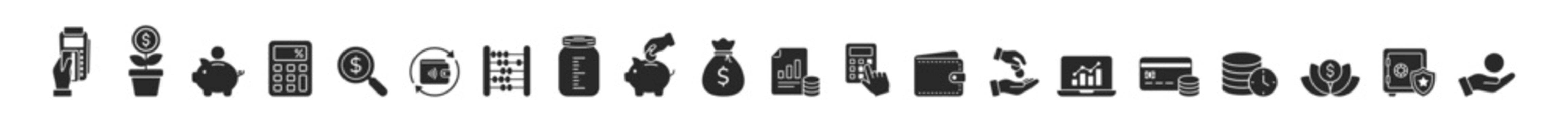 Set of finance and banking icons including payment, savings, calculator, money, wallet, investment, charts, credit card, coins, and protection symbols on transparent background