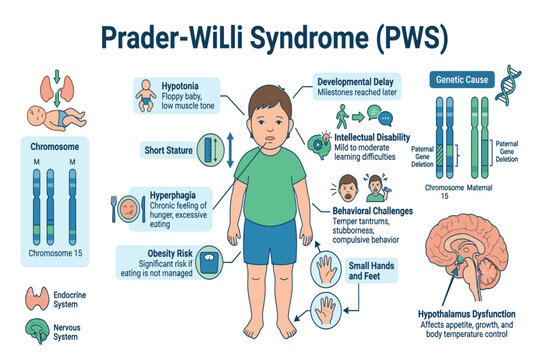 Educational Prader-Willi syndrome infographic featuring chromosome abnormalities, symptoms, diagnosis, nutritional management, and lifelong patient care.