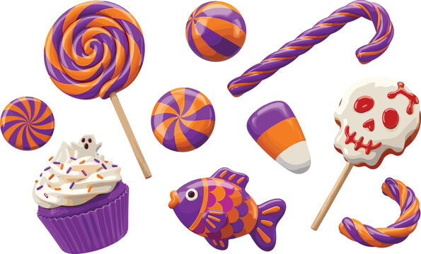 Colorful Halloween sweet candy collection featuring purple orange striped lollipops cupcake skull pop and corn treats.