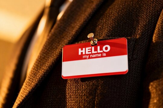 Name tag on a suit jacket in warm light