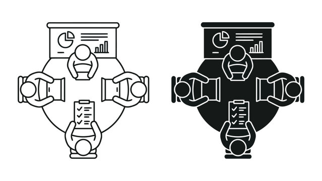 Business meeting people round table presentation icon set with business