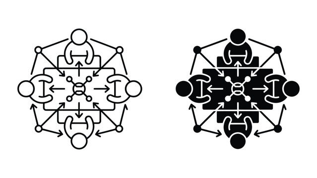 Team collaboration and centralized network communication icon set with business