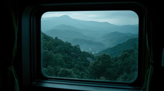 Misty layered green forest mountain landscape viewed through a train window during rail journey, peaceful scenic nature view from peaceful train travel