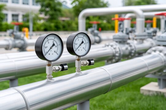 Pressure gauges on industrial pipeline system