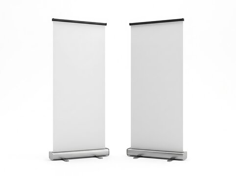 Two blank roll up banners stand for marketing and advertising displays