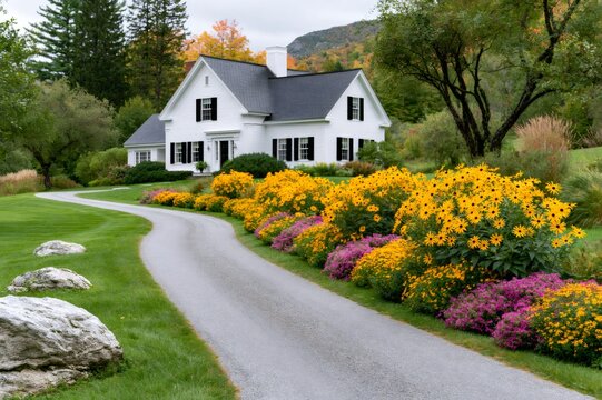 Rural home with gardens and winding driveway in autumn