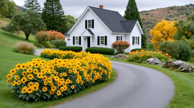 White house with driveway and yellow flower garden