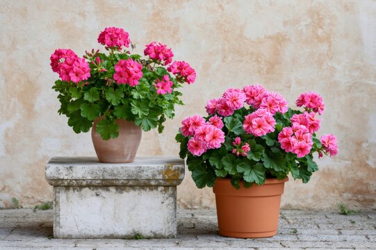 Two pink geraniums in terracotta pots outdoors