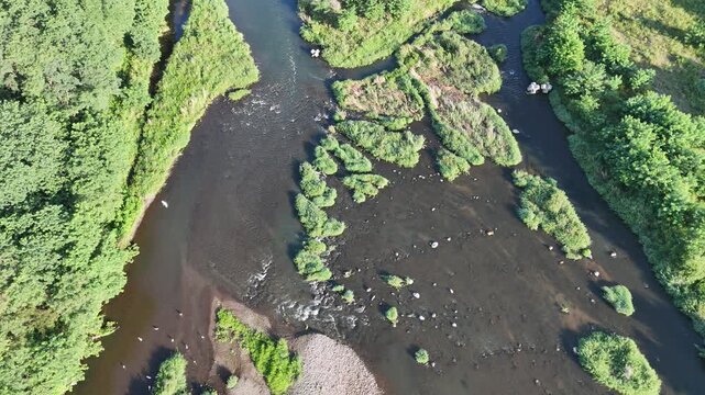 Aerial view of a winding river through lush greenery. Dark water flows around mossy, tree-covered islands. Vibrant green banks frame the natural river course. No people are visible in the scene