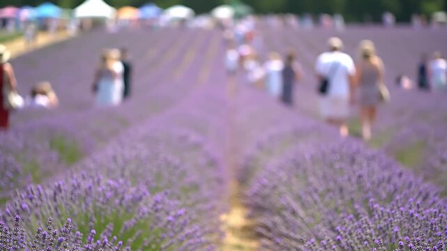 People enjoying a sunny day walking through vast rows of blooming purple lavender flowers in a beautiful field.