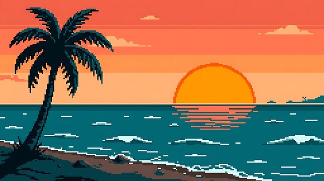 Retro Pixel Tropical Beach Sunset &ndash; Digital Nature Background Illustration