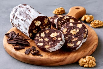 Fototapeta premium Chocolate salami with walnuts and powdered sugar sliced on wooden board