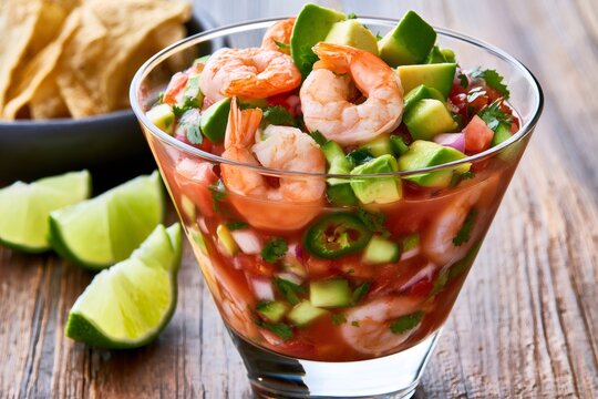 Shrimp ceviche cocktail with avocado and lime