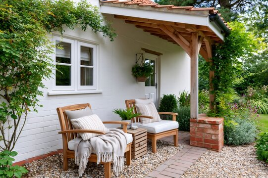 Cozy patio area with relaxing garden chairs outside cottage