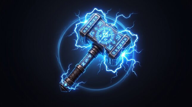 A fantasy game skill icon of a miniature glowing thunder hammer token, forged dark metallic iron, electric blue lightning arcs dancing around the head