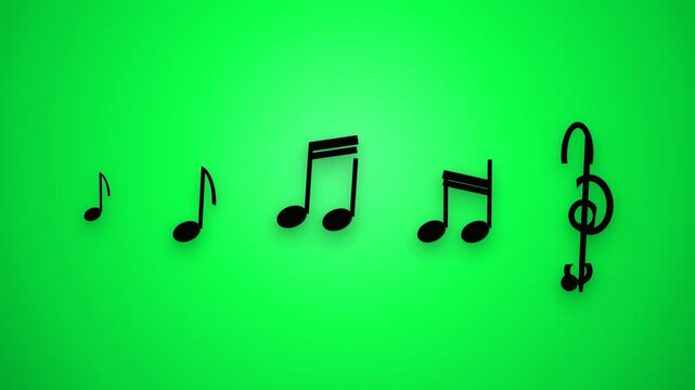 Animation of Black Musical Notes and Treble Clef Symbol on Green Background