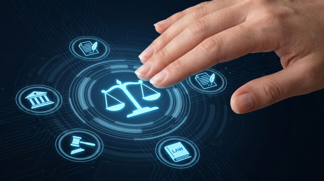 Labor rights protection law justice contract hand technology Digital hand touch justice icon for labor. legal law justice compliance. workplace employment safety, human management policy contract