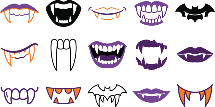 Collection of scary vampire mouths and fangs for halloween costume party decorations and spooky graphic design projects