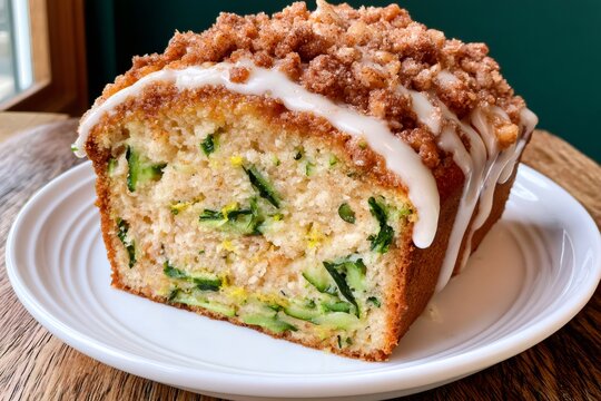Zucchini bread loaf with crumble topping and white icing