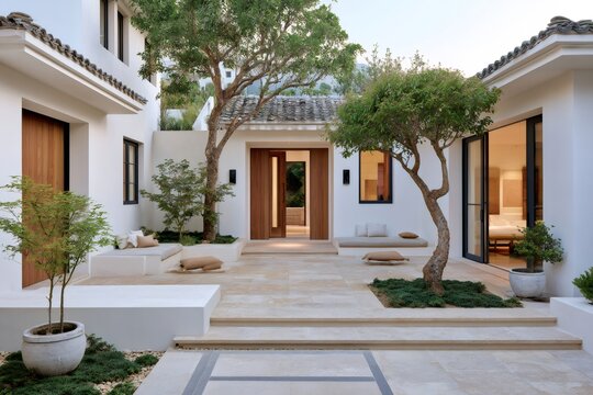 Modern luxury villa courtyard with minimalist mediterranean design