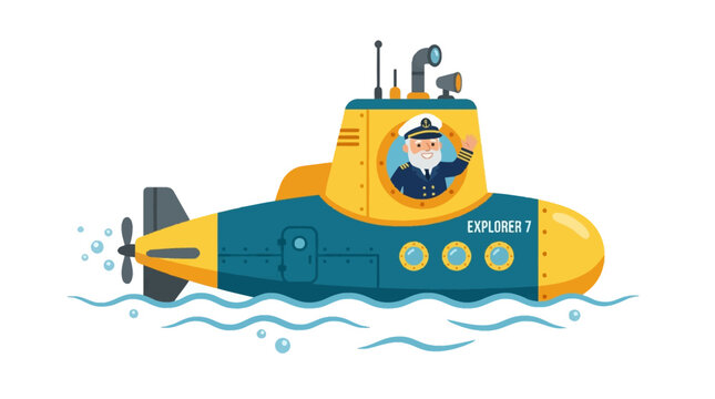 Cartoon submarine with captain in ocean illustration