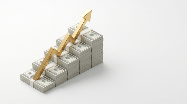 Optimistic finance quarter growth shows gold arrow above cash money stack . Business financial strategy planning. statistic chart report, revenue profit, performance progress success