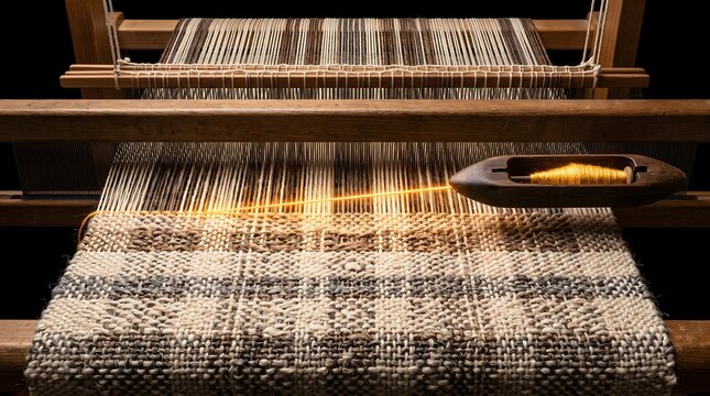 A luminous golden thread glides across a wooden loom, a powerful metaphor for weaving destiny, innovation, and timeless craftsmanship into the intricate fabric of life.