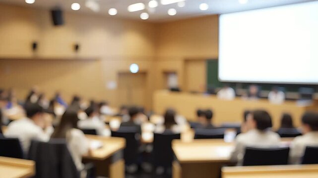 Blurred view of a modern lecture hall or conference room with an audience attending a presentation, featuring a large projection screen and wooden interior.