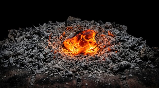 A radiant ember burns brightly in a field of cold grey ash, symbolizing an enduring spark of hope, inner strength, and persistent passion surrounded by destruction and loss.