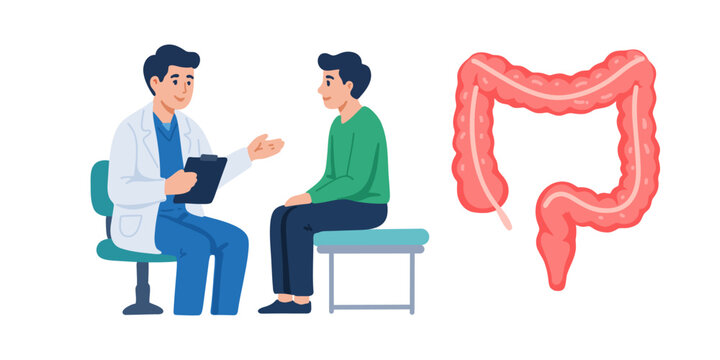 doctor consultation with patient and large colon vector illustration