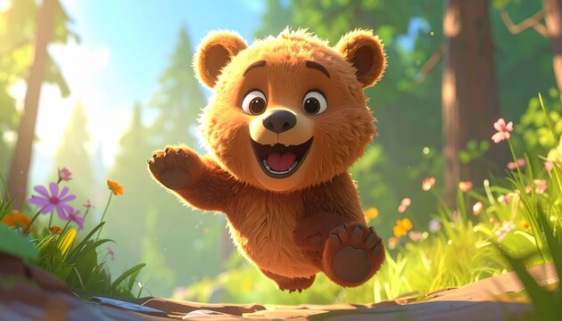 Joyful animated cub's lively run through a sun-dappled forest path, embodying pure childhood delight and playful spirit in nature's embrace