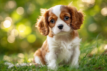 緑の芝生でおすわりするかわいいキャバリアの子犬