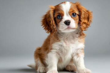 グレー背景でおすわりするかわいいキャバリア・キング・チャールズ・スパニエルの子犬